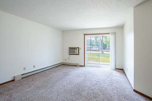 A room with a carpeted floor and a sliding glass door leading to a patio.