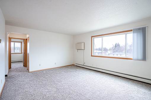 A large, empty room with a carpeted floor and a window with curtains. West Fargo, ND Saddlebrook Apartments