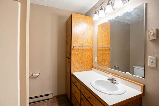 A bathroom with a sink, mirror, and lighting.