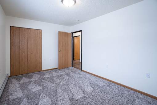 A room with a carpeted floor and two wooden doors. Moorhead, MN Woodstone Apartments