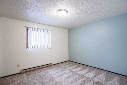 A room with a carpeted floor and a window with blinds.