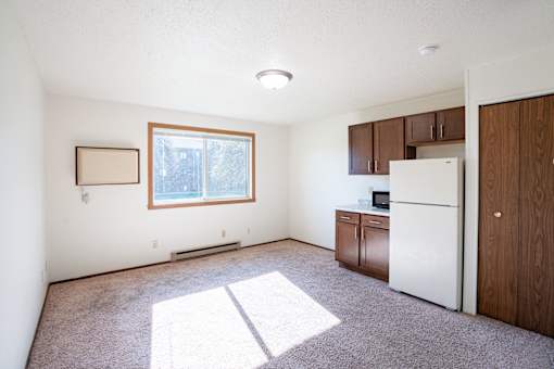 A white fridge sits in a kitchen with a window and wooden cabinets. Fargo, ND Pacific Park I Apartments
