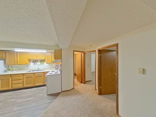 A kitchen with wooden cabinets and a white dishwasher.