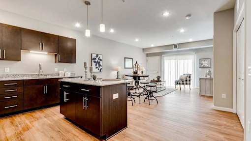 an open kitchen and living room with a dining room table. Circle Pines, MN Lexington Lofts