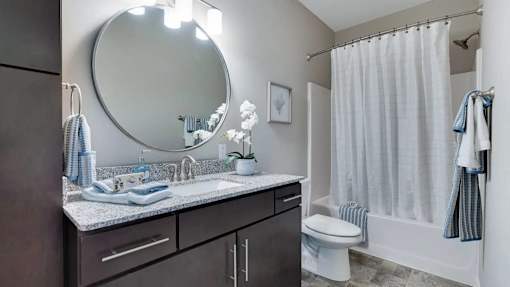 a bathroom with a sink and a toilet and a mirror. Circle Pines, MN Lexington Lofts