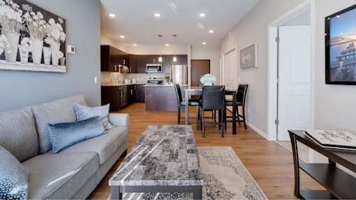 a living room and kitchen with a couch and a table. Circle Pines, MN Lexington Lofts