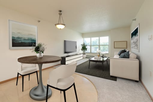 a living room with a couch and a table and a television. Fargo, ND Sunrise North