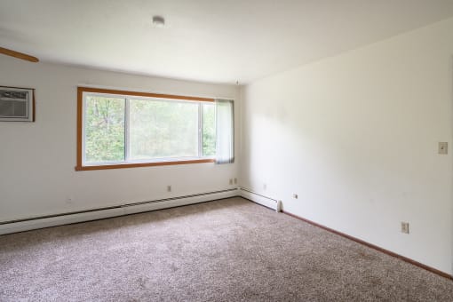 an empty room with carpet and a window. Fargo, ND Luxford Apartments