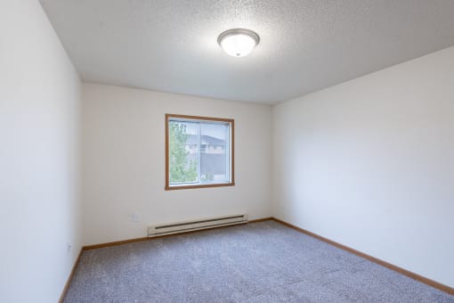 the living room of an empty room with carpet and a window. Fargo, ND Oxford Apartments