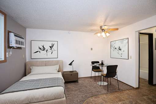 a bedroom with a bed and a desk and a ceiling fan