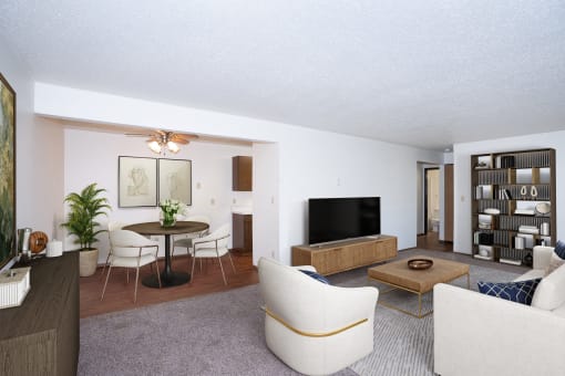 a living room and dining room with white furniture and a table. Fargo, ND Pacific Park Apartments