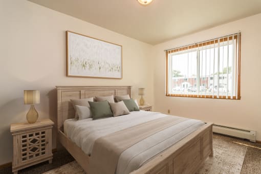 a bedroom with a large bed and windows  at Amberwood Court, North Dakota, 58201