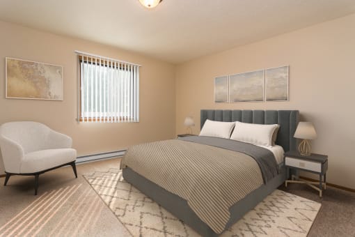 Grand Forks, ND Ridgemont Apartments. a bedroom with a bed and a chair