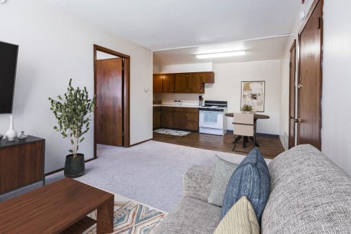 a living room with a couch and a view of a kitchen
