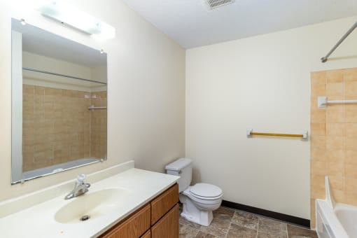 a bathroom with a toilet and a sink and a mirror. Hutchinson, MN Twin Oaks