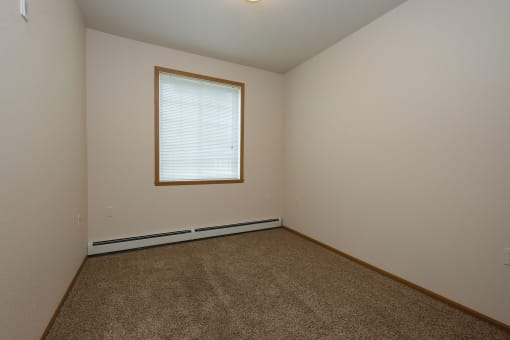 a bedroom with carpet and a window