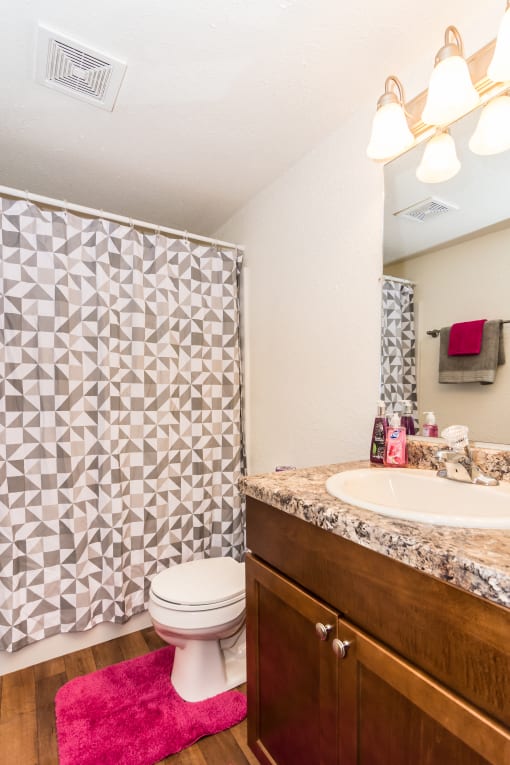a bathroom with a shower toilet and sink. Grand Forks, ND Stanford Court Apartments