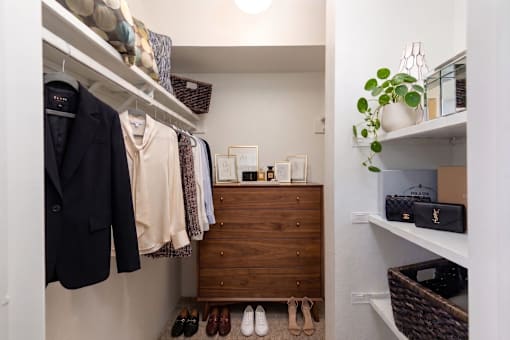A small closet with a wooden dresser and clothes hanging on a rail.