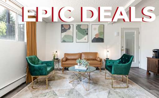 A living room with the words "EPIC DEALS" in the foreground.