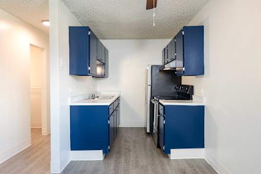 Kitchen with navy cabinets and a black refrigerator