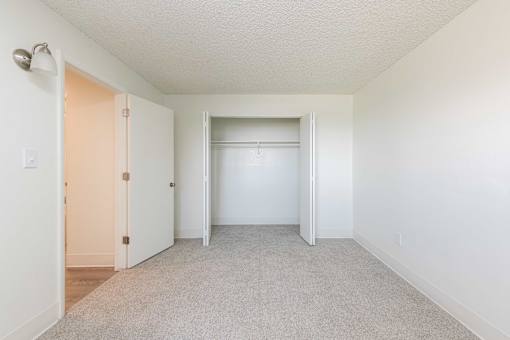 an empty bedroom with a closet and a door to a wardrobe