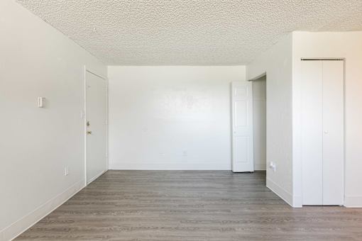 Vacant model living room area and wood floors