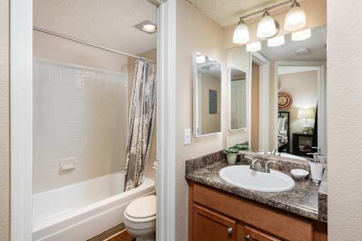 a bathroom with a sink and a shower and a toilet