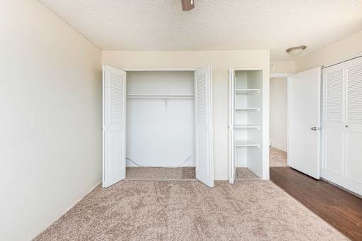 a bedroom with white closets and a carpeted floor