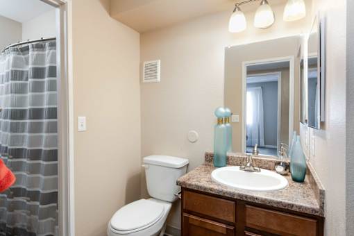 a bathroom with a toilet sink and mirror and a shower