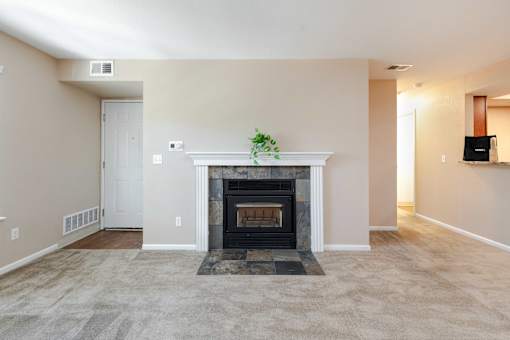 a living room with a fireplace and a carpeted floor