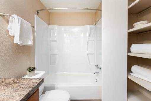a bathroom with a shower and a toilet and a sink