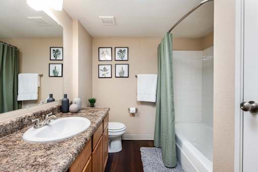 the preserve at ballantyne commons apartment bathroom with tub sink and shower
