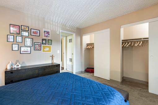a bedroom with a blue bed and a closet