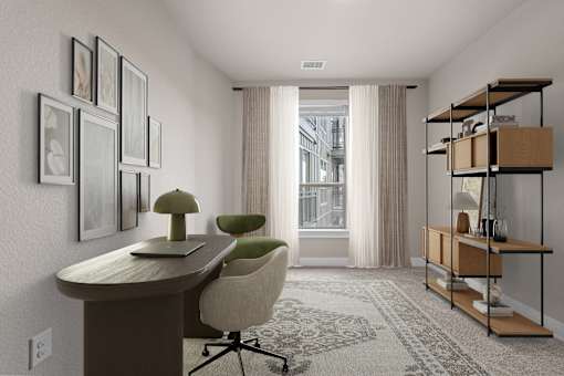 A room with a desk, chair, and shelves.