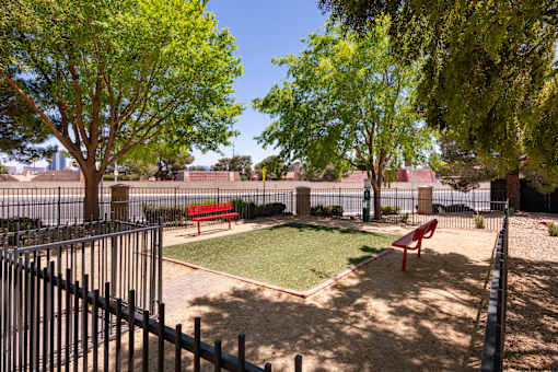 a fenced in dog park with grass and benches
