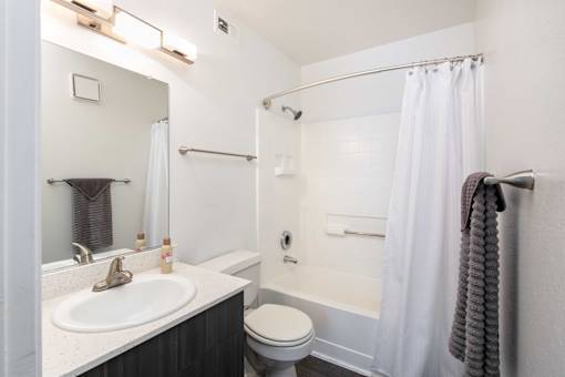 a bathroom with a sink toilet and shower and a mirror