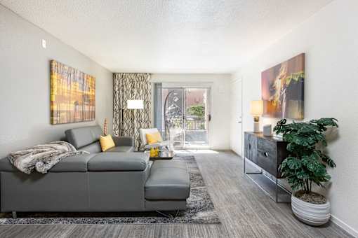 a living room with a gray couch and a tv