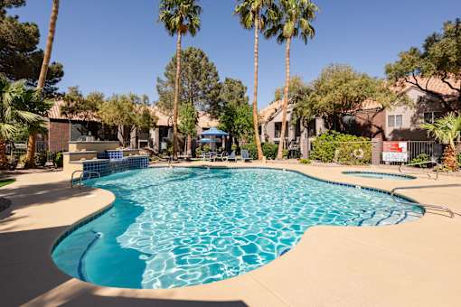 a large swimming pool with palm trees and houses in the background