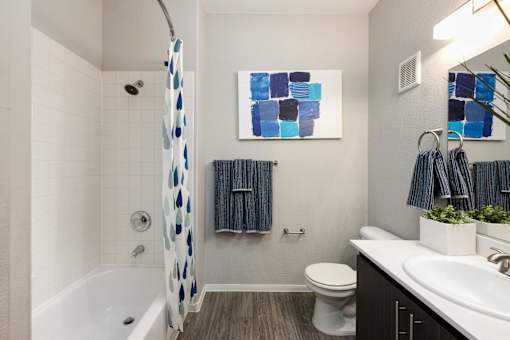 a bathroom with a shower and a toilet and a sink