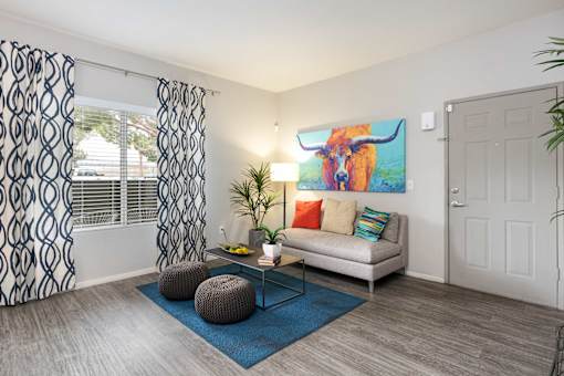 our apartments offer a living room with a couch and a window