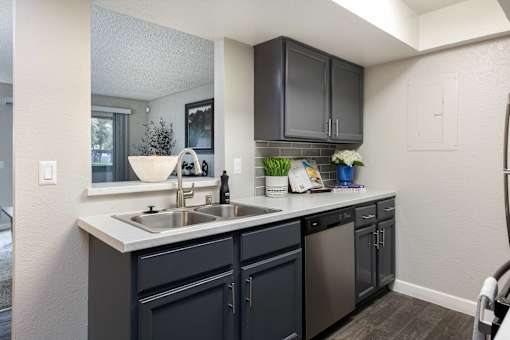 a kitchen with black cabinets and a sink and a window