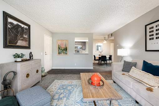 a living room with couches and chairs and a floor lamp