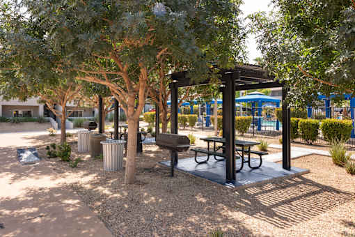 a group of tables and chairs in a park