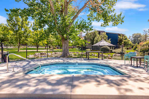 a hot tub with trees and a fence around it