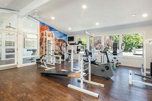 a home gym with exercise equipment and a mural on the wall