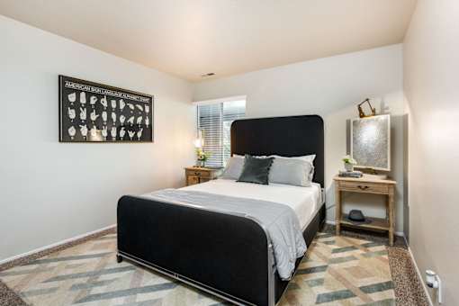 the bedroom has a large bed and a large window