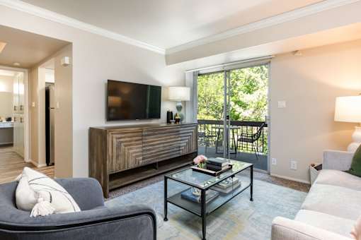 a living room with a couch and a coffee table and a television
