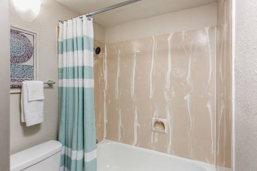 a bathroom with a shower and a toilet and a shower curtain
