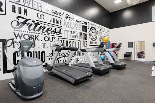 a gym with weights and a wall mural of gym equipment