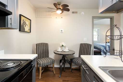 a kitchen with a stove and a table with two chairs